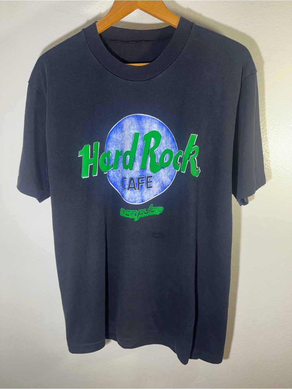 Vintage 90s single stitchHard Rock Cafe Black Tee with Green & Blue Logo